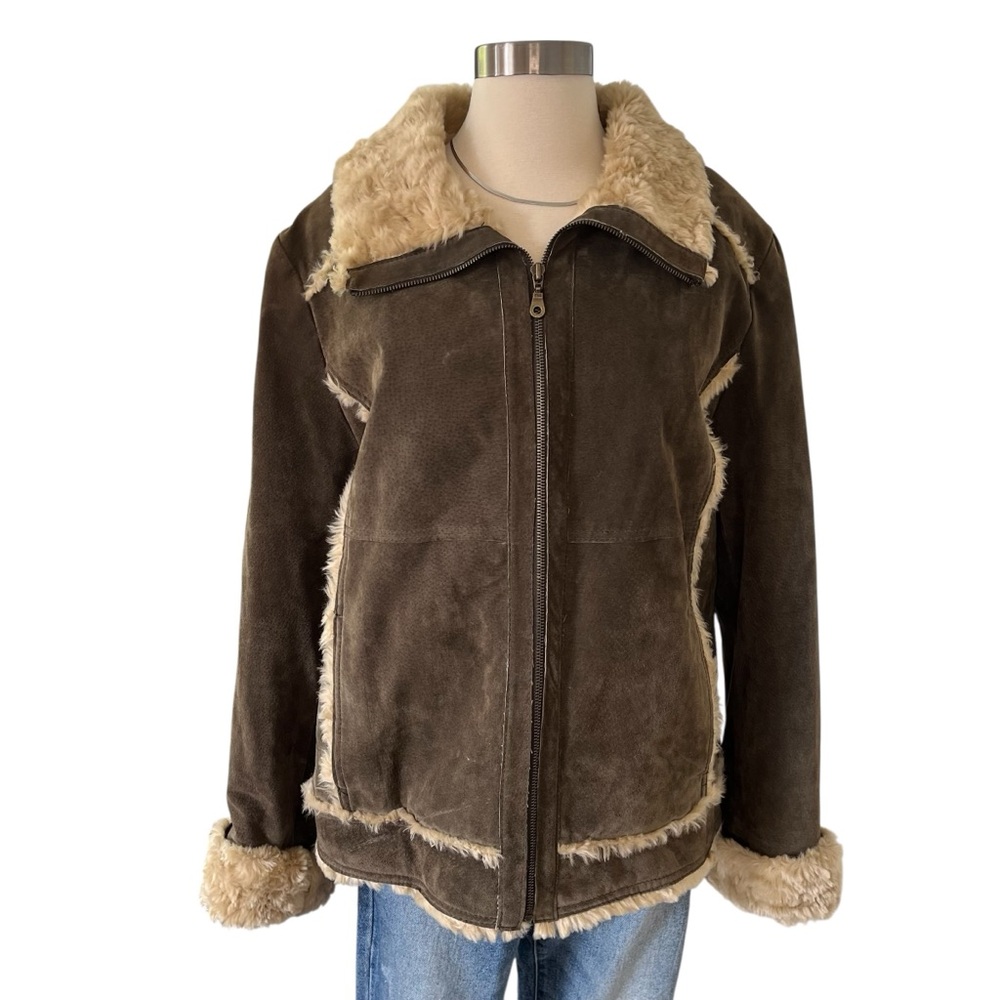 Wilsons Leather 100% leather suede coat faux fur trim brown olive XL - Picture 2 of 16